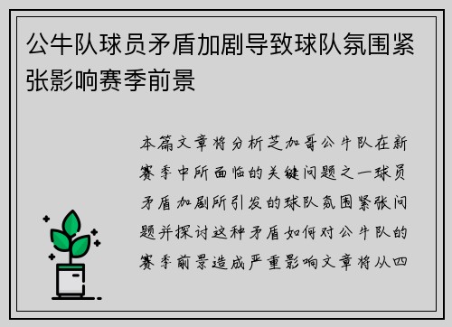 公牛队球员矛盾加剧导致球队氛围紧张影响赛季前景