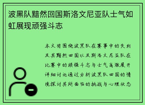 波黑队黯然回国斯洛文尼亚队士气如虹展现顽强斗志