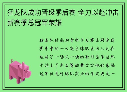 猛龙队成功晋级季后赛 全力以赴冲击新赛季总冠军荣耀