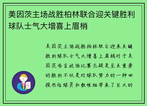 美因茨主场战胜柏林联合迎关键胜利球队士气大增喜上眉梢